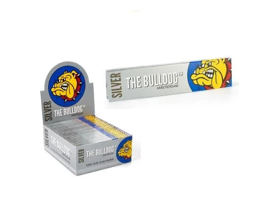 Caja y papelillos The Bulldog Amsterdam King Size Slim plateados, logo de bulldog visible