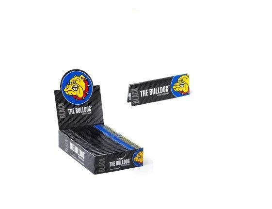 Caja de papelillos negros The Bulldog 1 1/4 para armar cigarrillos, diseño con logo de bulldog.