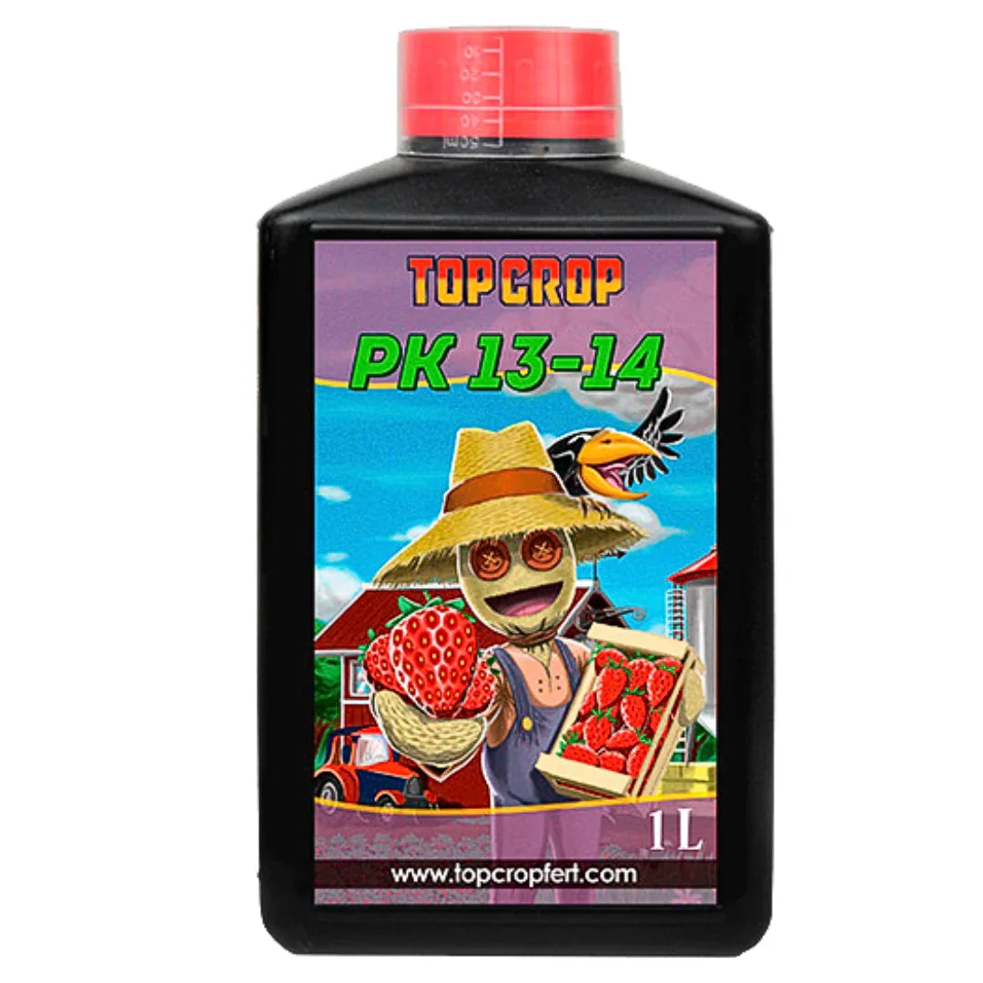 Botella de fertilizante Top Crop PK 13-14 1L para cultivo indoor, ilustración de espantapájaros con fresas.