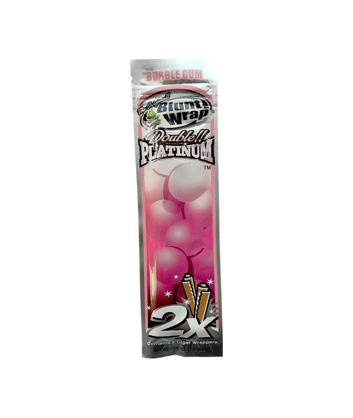 Empaque de blunt wrap sabor bubble gum, fondo rosado con burbujas y texto '2X'.