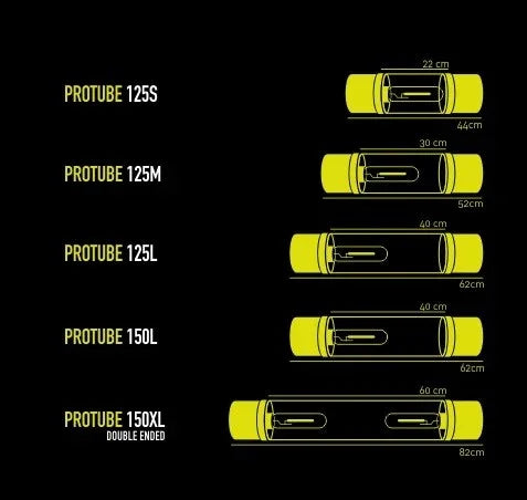 Tubos Protube para cultivo indoor en varios tamaños, ilustrados con medidas comparativas.