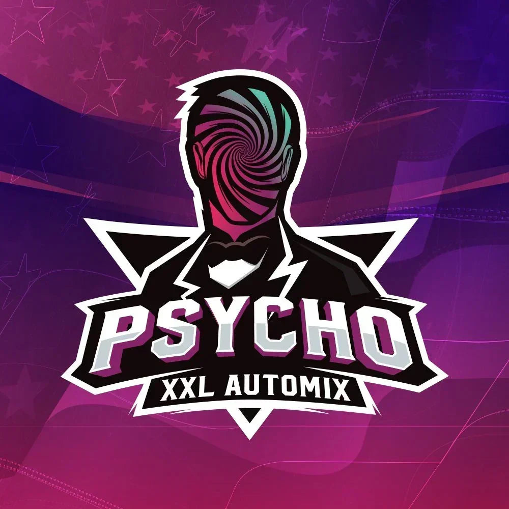 Logo de PSYCHO XXL Automix con figura de traje y fondo psicodélico morado y rosa.