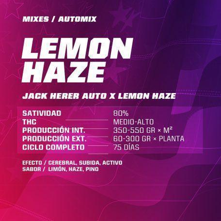Etiqueta morada de semillas Lemon Haze Automix con características de cultivo y efectos destacados.
