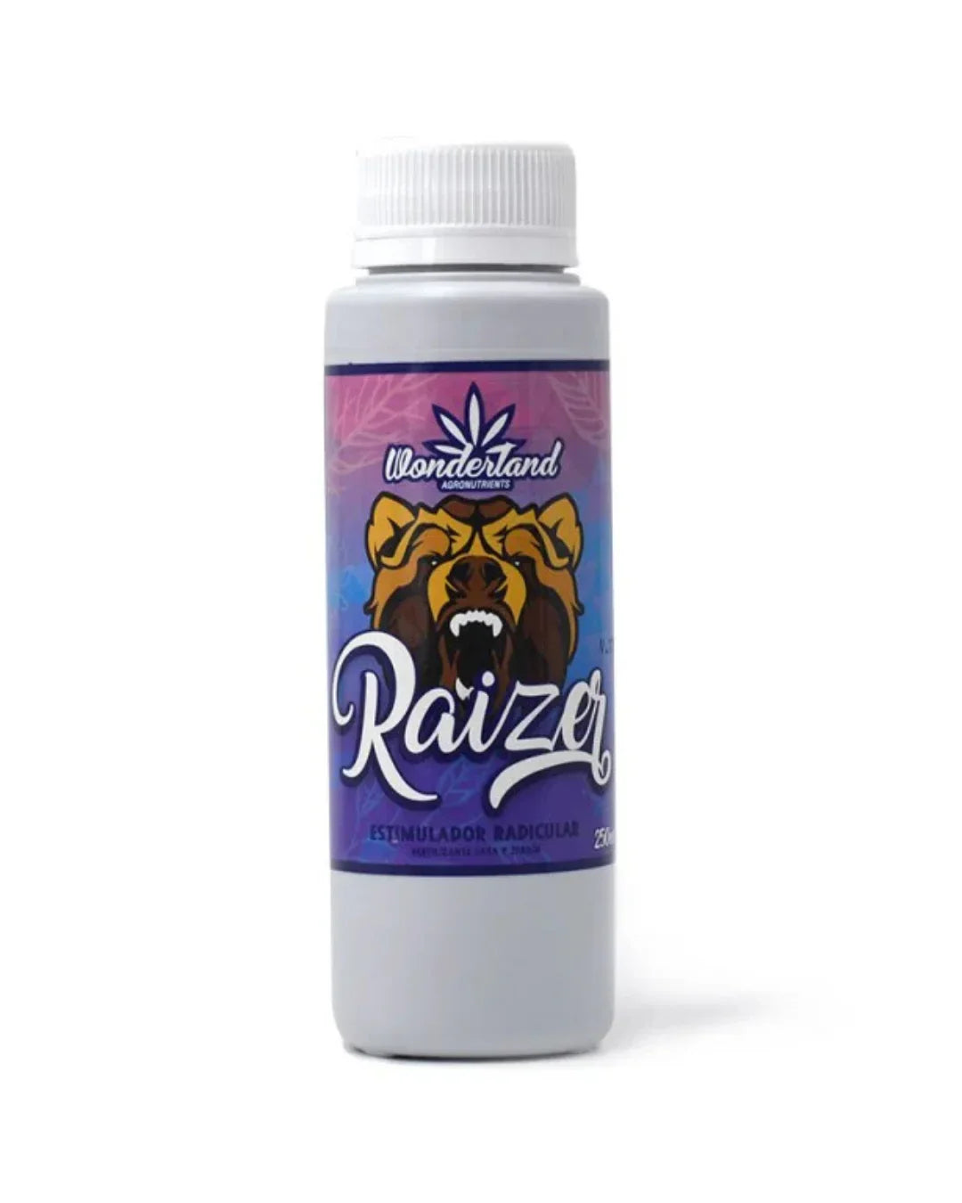 Botella de estimulador radicular Raizer de 250 ml con etiqueta púrpura y diseño de oso.