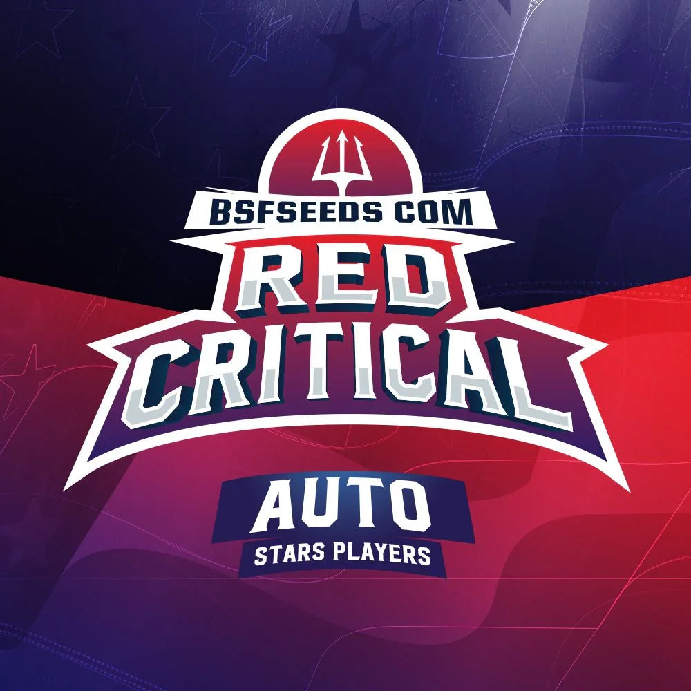 Logo Red Critical Auto sobre fondo rojo y azul, semillas automáticas, cultivo indoor
