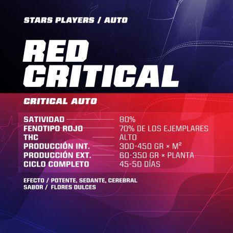 Ficha técnica de semillas Red Critical Auto, destaca características de cultivo y efectos.
