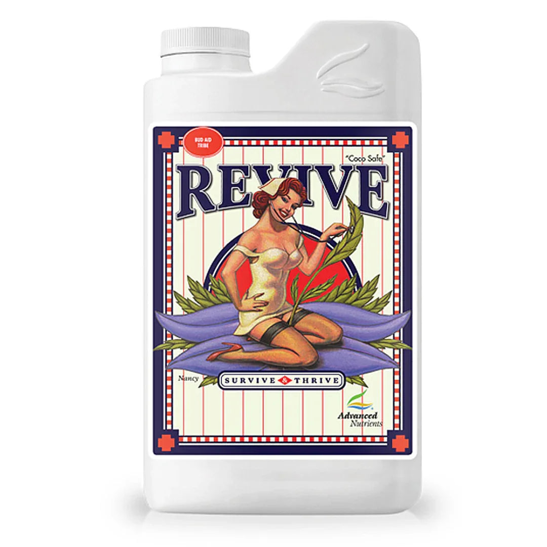 Botella de fertilizante líquido Revive Advanced Nutrients para cultivo, con diseño retro y plantas.