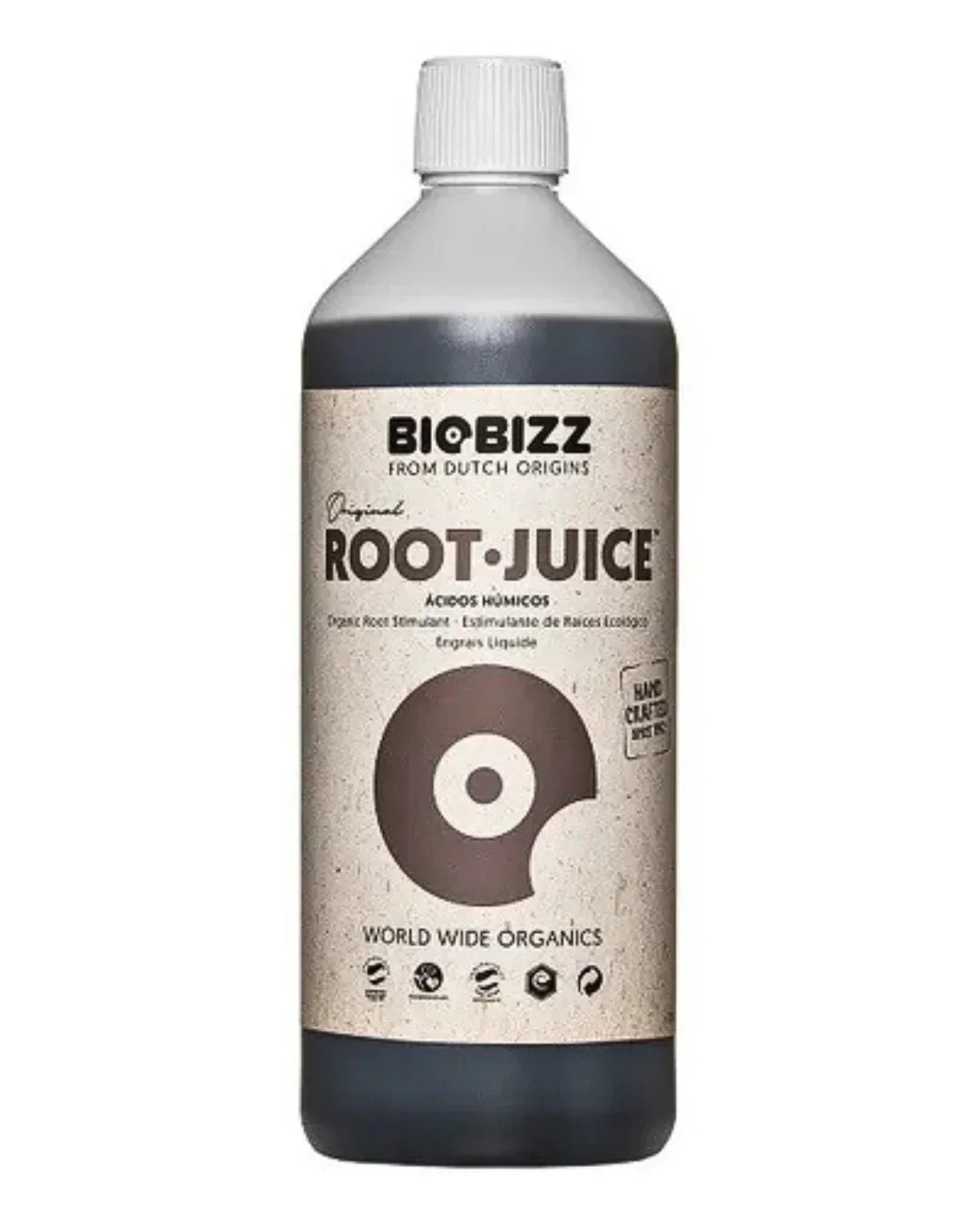 Botella de fertilizante líquido BioBizz Root Juice para cultivo indoor y estimulación de raíces