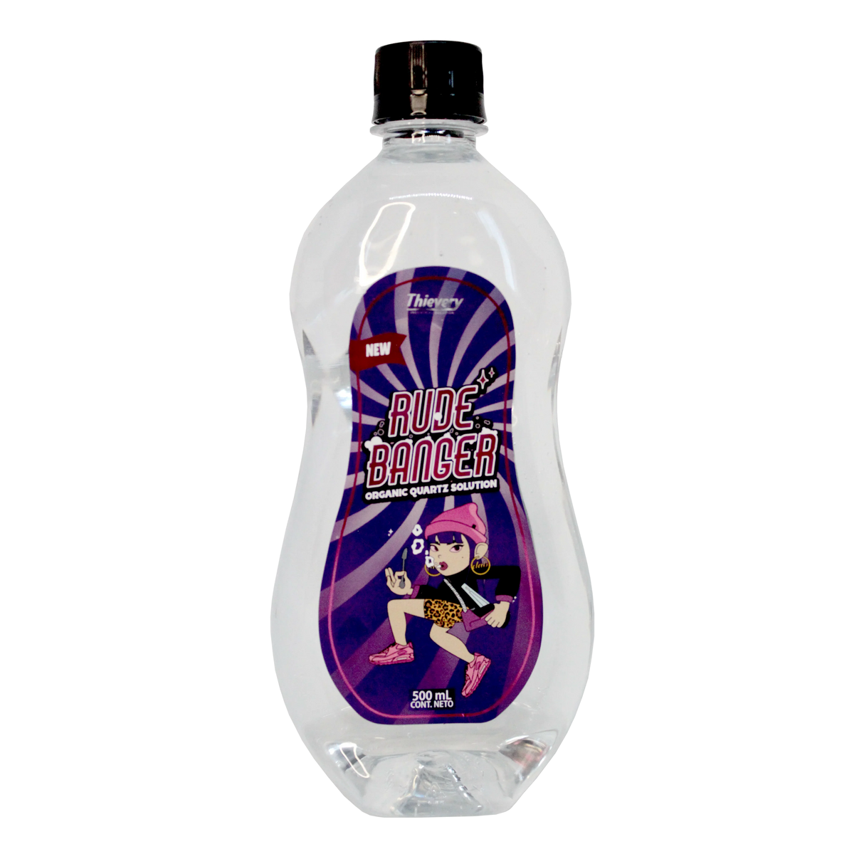 Botella de solución orgánica Rude Banger 500ml con etiqueta morada y diseño animado.