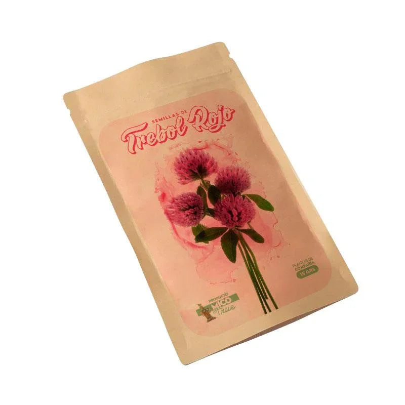 Bolsa de semillas de trébol rojo 15g, empaque beige con ilustración de flores rosadas.
