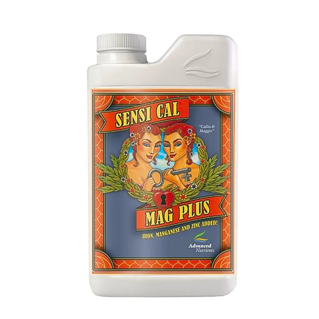 Botella de fertilizante Sensi Cal Mag Plus para cultivo indoor, aditivos de hierro, manganeso y zinc.
