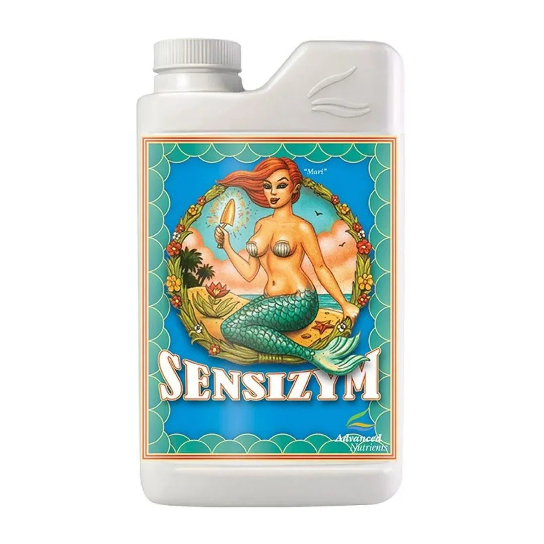 Envase de fertilizante Sensizym con ilustración de sirena en la etiqueta, uso en cultivo indoor