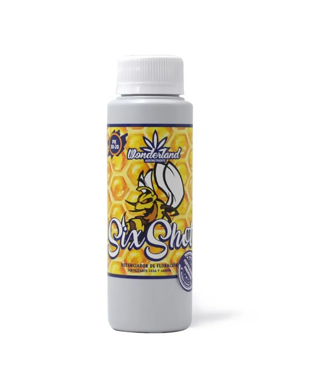 Botella de fertilizante Six Shot potenciador de floración para cultivo indoor, etiqueta con abeja y fondo de panal.