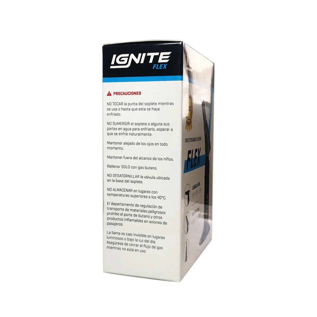 Caja de soplete Flex Ignite azul, precauciones y descripción visibles en el empaque