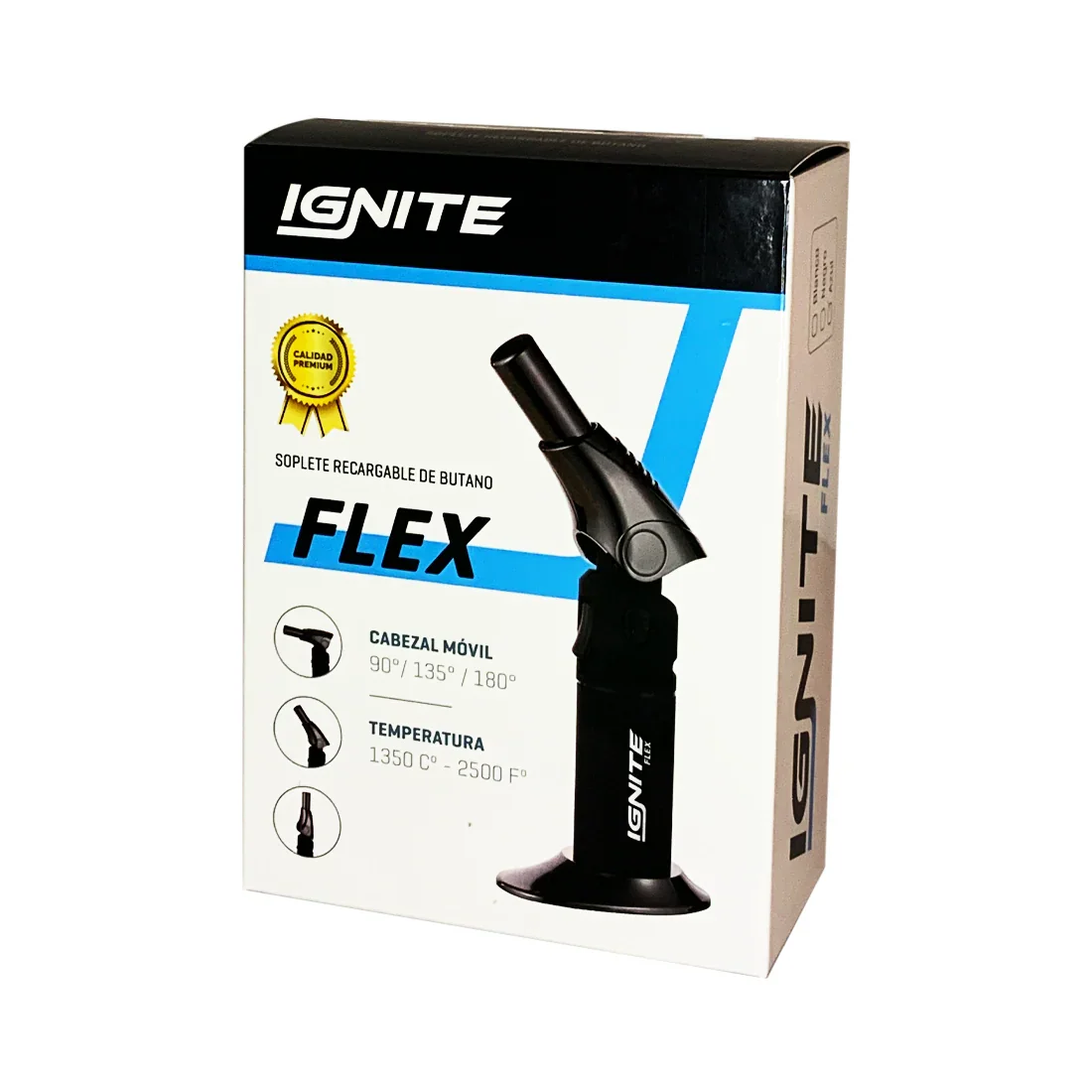 Caja de soplete recargable de butano Ignite FLEX con cabezal móvil y temperatura ajustable