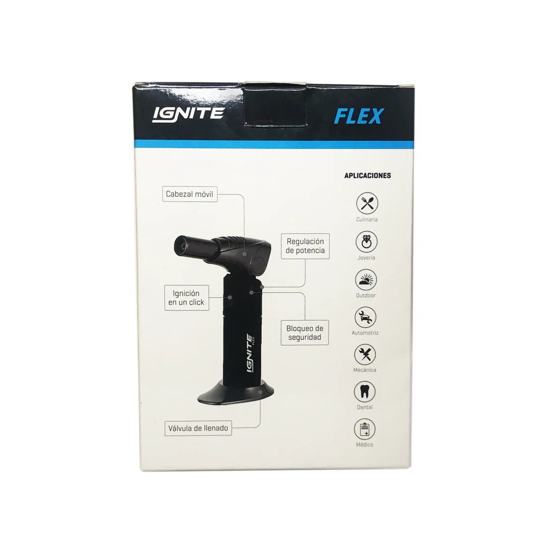 Soplete Flex Ignite negro con cabezal móvil, regulador de potencia y bloqueo de seguridad.