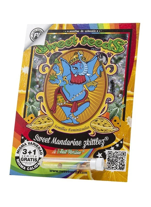 Empaque de semillas Sweet Mandarine Zkittlez F1 Fast Version con diseño colorido y tubo de semillas