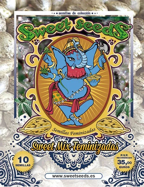 Paquete de 10 semillas feminizadas Sweet Mix con diseño colorido y figura de elefante azul.
