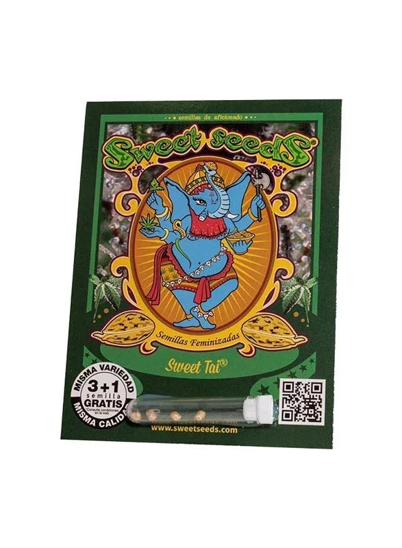 Pack de semillas feminizadas Sweet Tai con ilustración de elefante azul y fondo verde