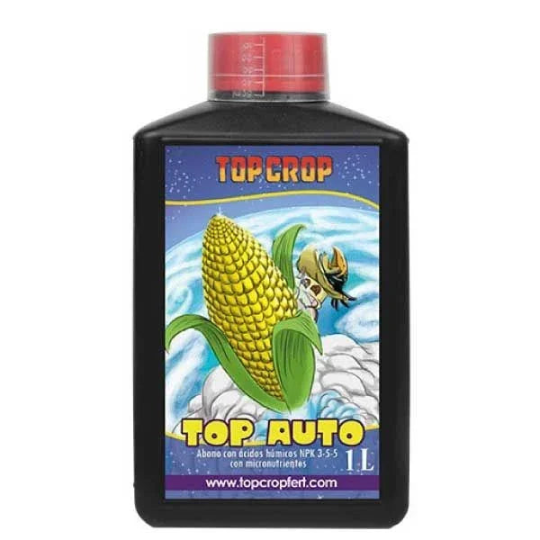 Botella de fertilizante Top Crop Top Auto 1L con etiqueta colorida y maíz animado.