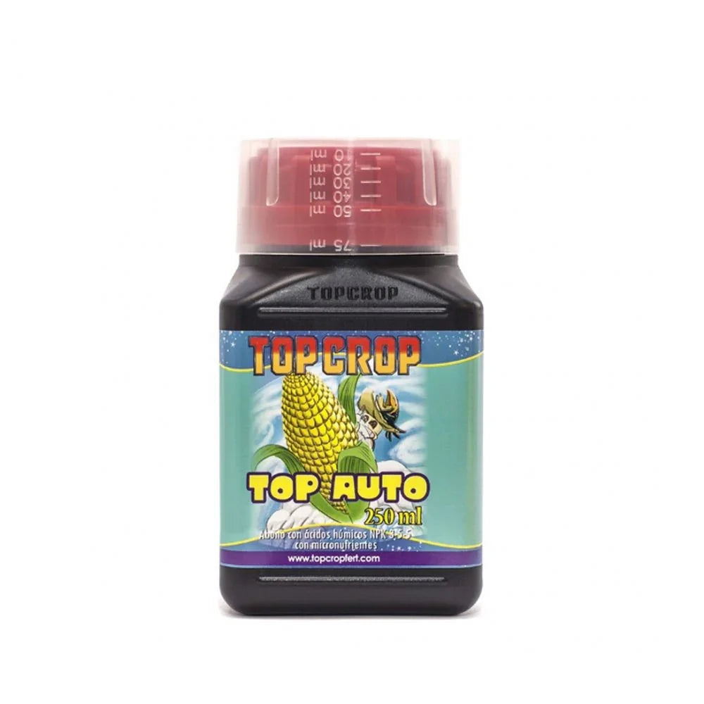Fertilizante líquido Top Crop Top Auto 250 ml para cultivo, botella negra con etiqueta colorida