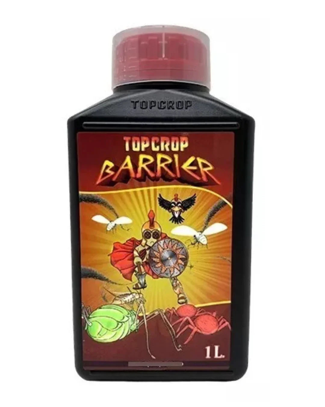 Botella de fertilizante Topcrop Barrier 1L para cultivo, con diseño de insectos y guerrero.