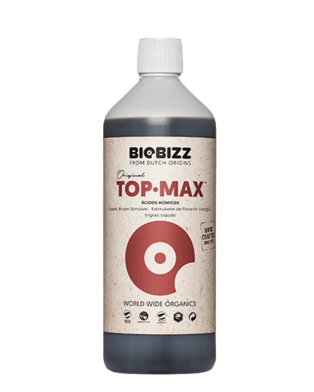 Botella de fertilizante líquido orgánico Top Max BioBizz para cultivo indoor, fondo blanco