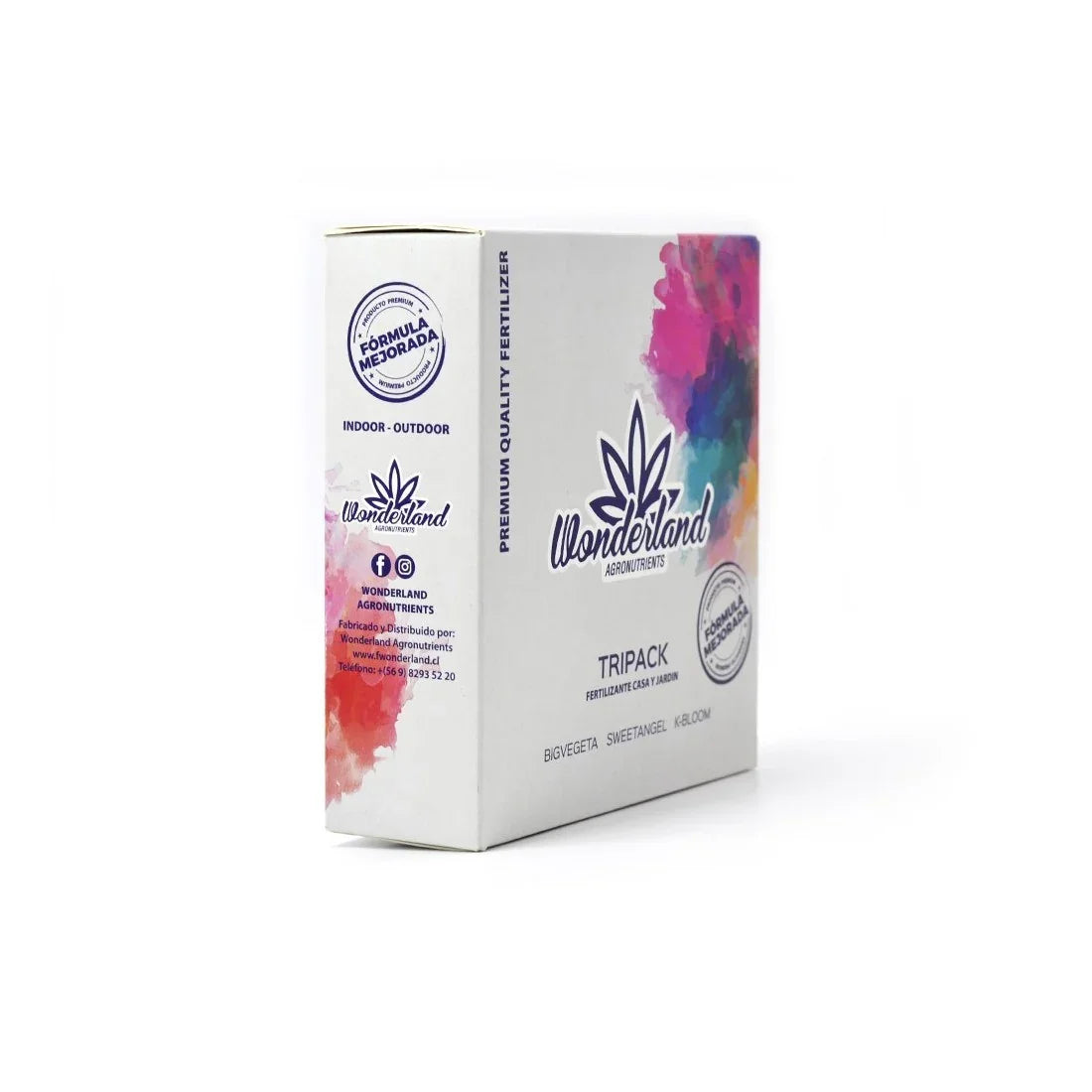 Caja tripack de fertilizantes Wonderland 250cc para cultivo indoor y outdoor, fondo blanco.