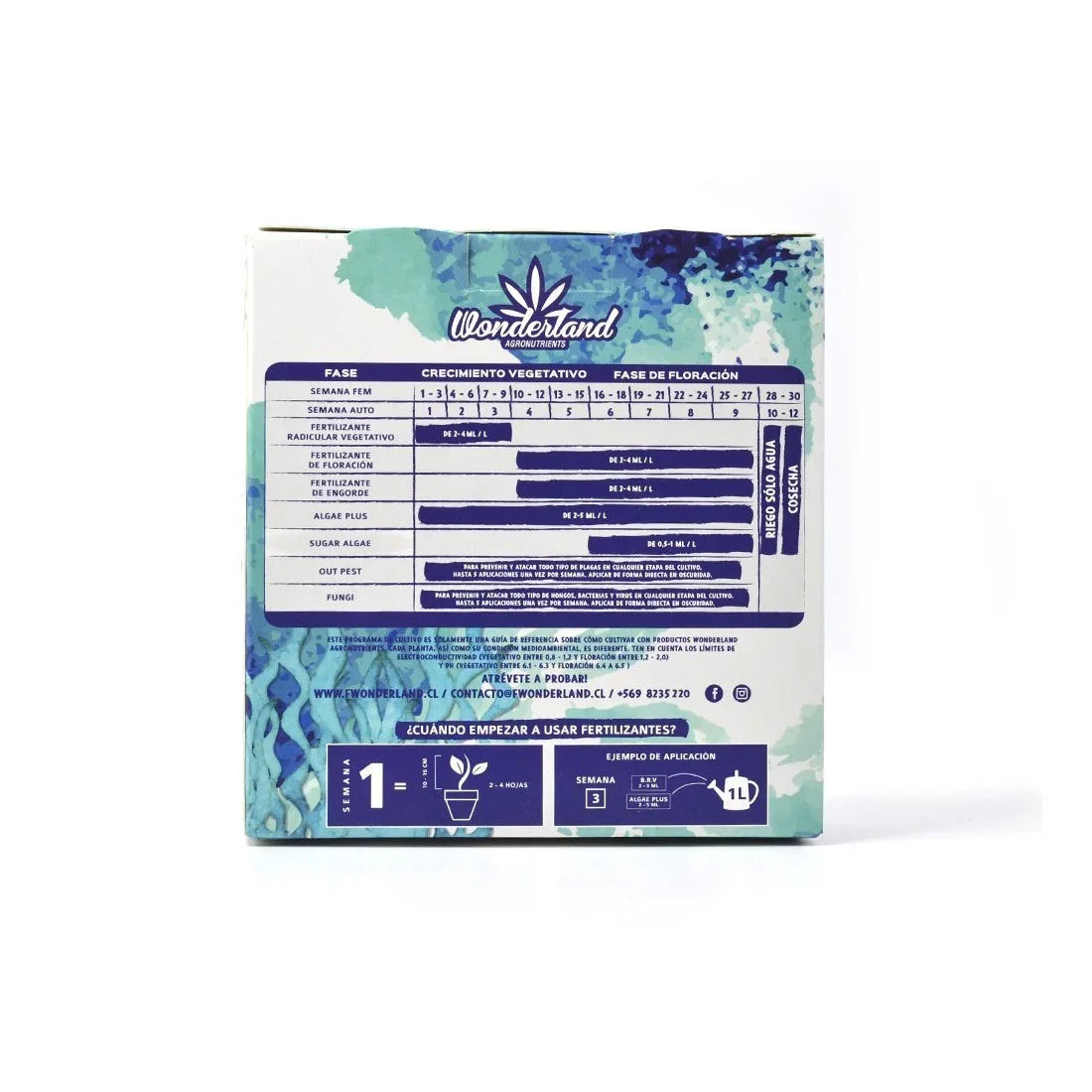 Caja de fertilizantes orgánicos Wonderland 250cc, instructivo de uso para cultivo de plantas.