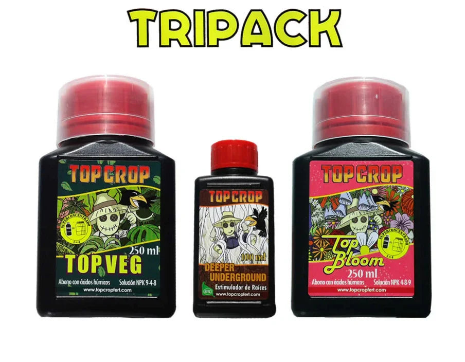 Tripack de fertilizantes Top Crop para cultivo indoor, incluye Top Veg, Deeper Underground y Top Bloom.