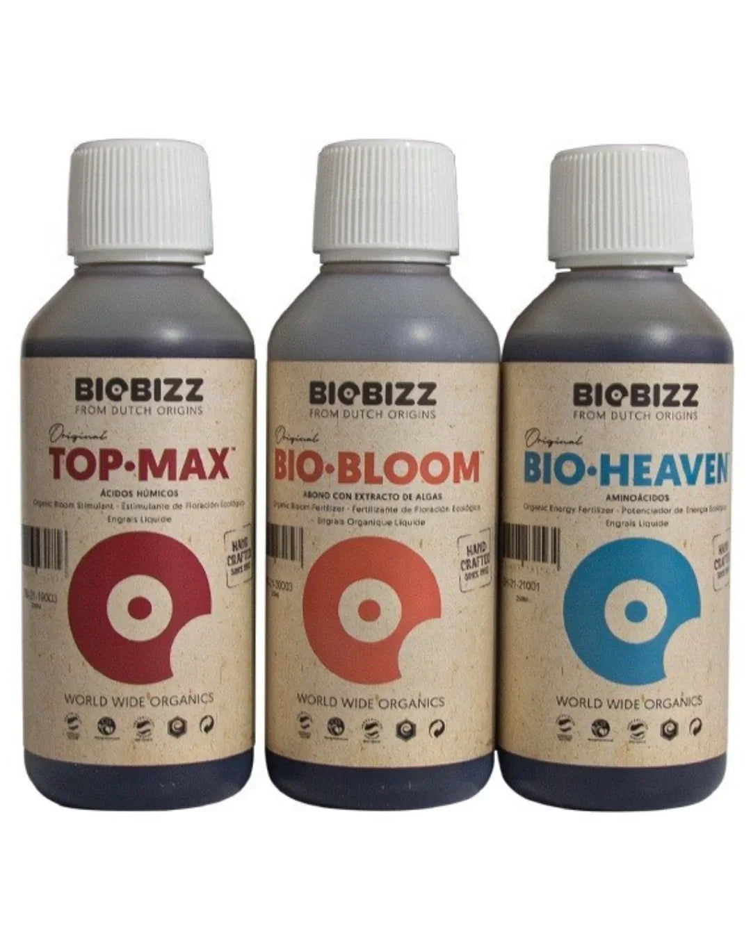 Pack de tres fertilizantes líquidos BioBizz Top Max, Bio Bloom y Bio Heaven para cultivo indoor.