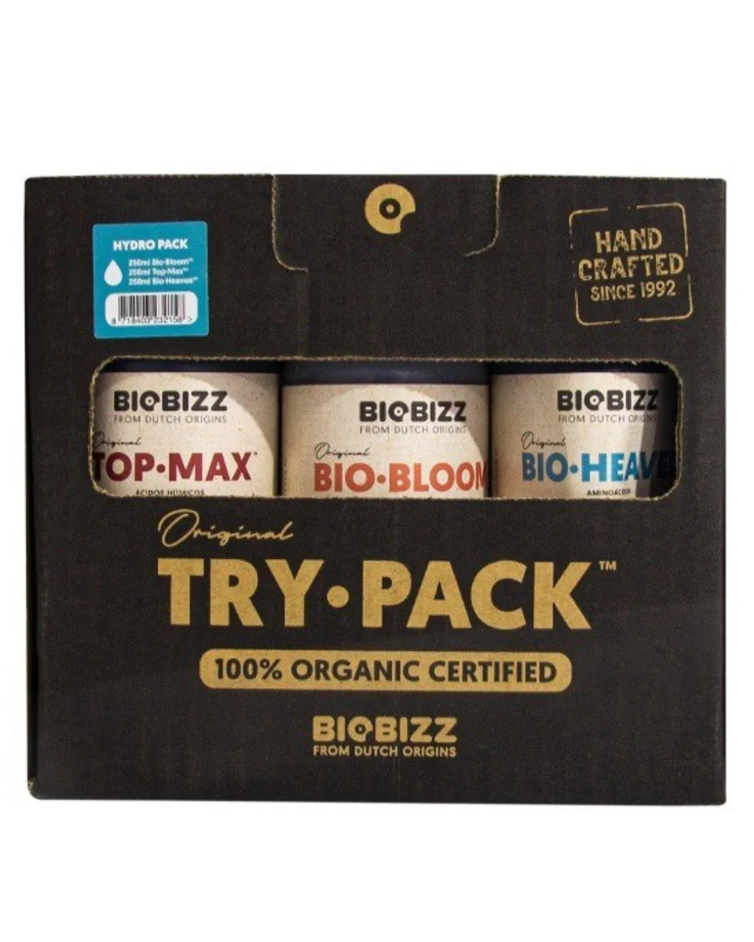 Pack de fertilizantes orgánicos BioBizz Top·Max, Bio·Bloom y Bio·Heaven para cultivo indoor
