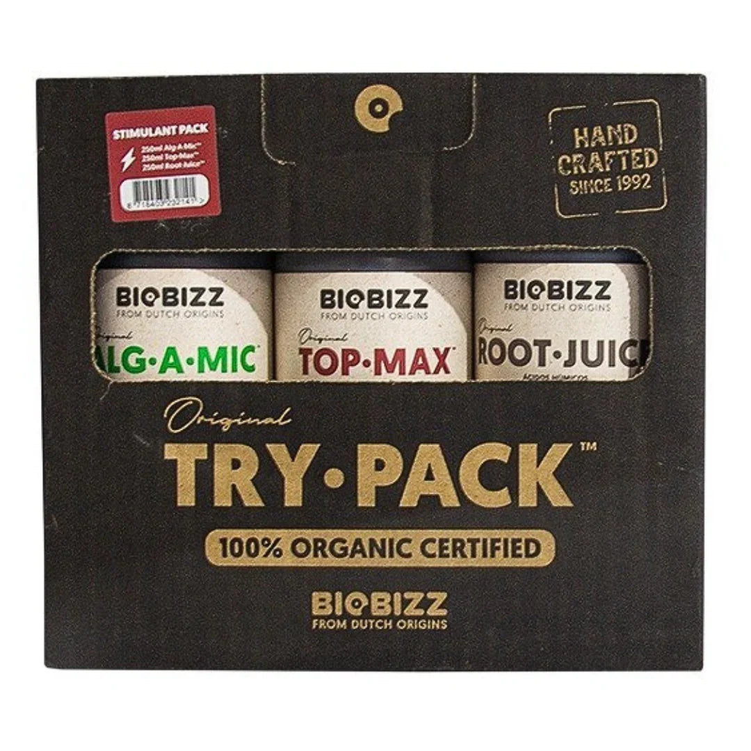 Pack de fertilizantes orgánicos Biobizz Try-Pack con tres botellas para cultivo indoor.