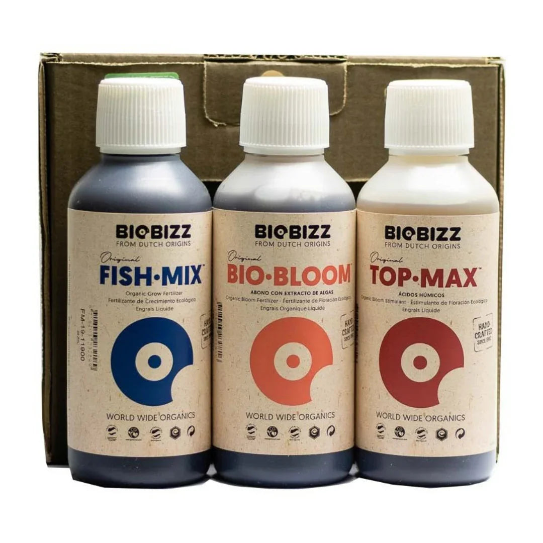 Tripack de fertilizantes líquidos BioBizz Fish-Mix, Bio-Bloom y Top-Max para cultivo indoor.